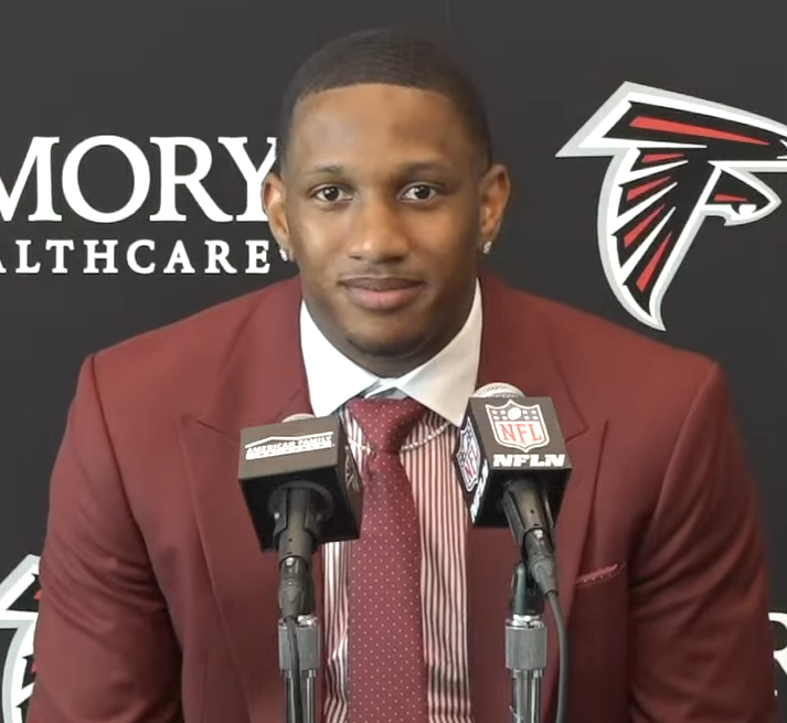 Michael Penix Jr. at Atlanta’s 2024 post-draft press conference. Archival team photograph; he is a current Falcons participant.