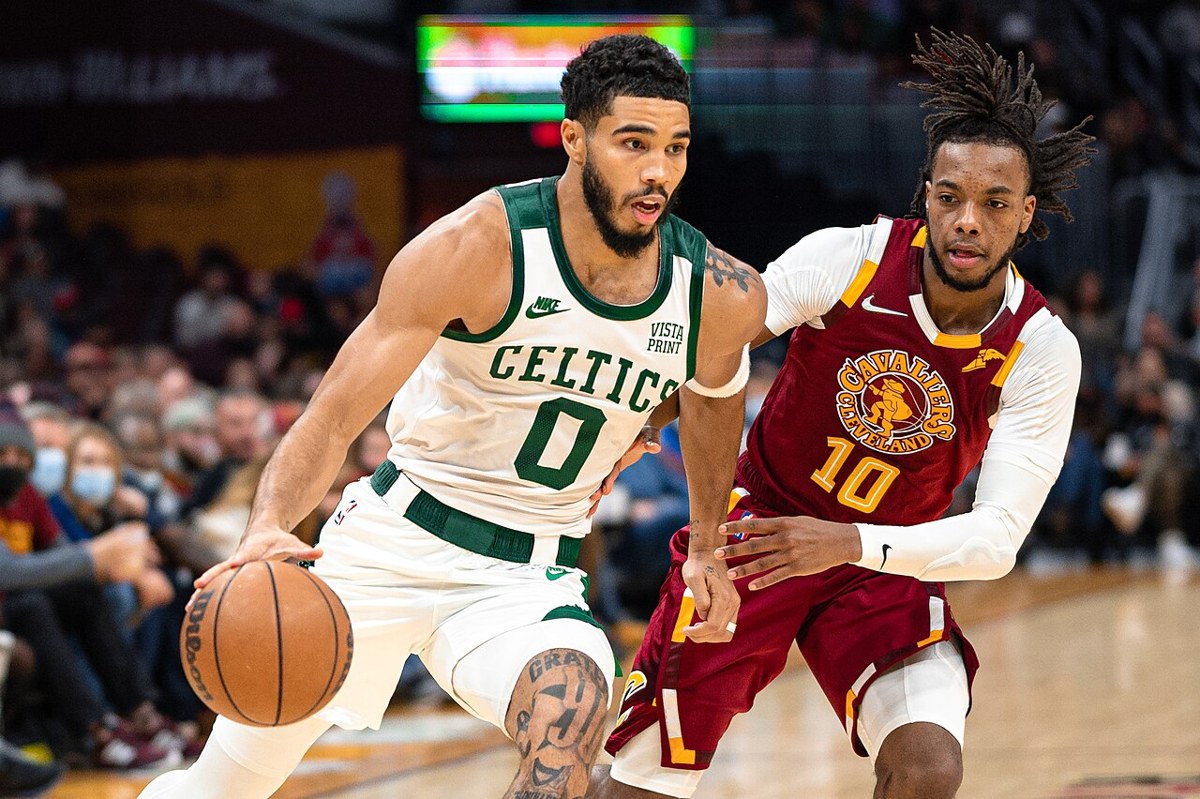 Jayson Tatum with Boston in 2021. Archival photograph; it is not from today’s preseason game.