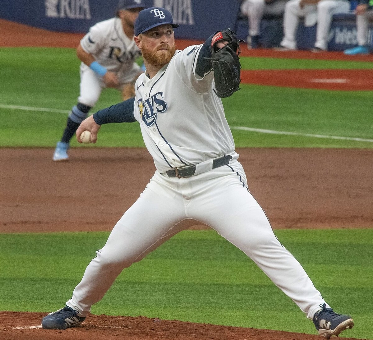 Drew Rasmussen pitching for Tampa Bay in June 2026. Earlier-season photograph, not from this ALCS game.