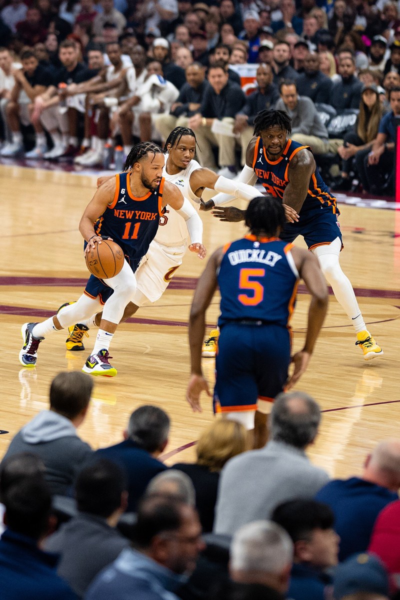 Jalen Brunson driving to the basket for New York in 2023. Archival action photograph, not Tuesday’s season opener.