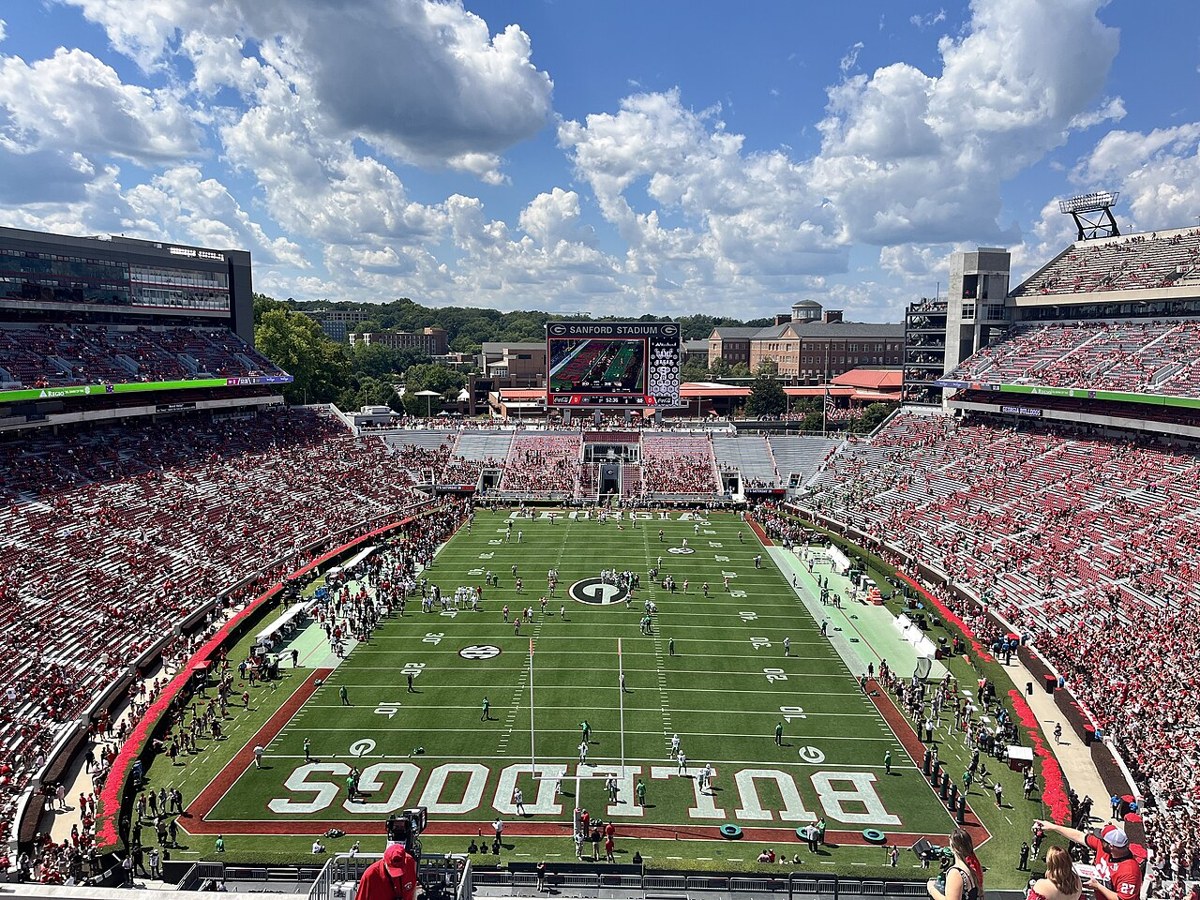 Marshall playing at Georgia on August 30, 2025, viewed from the stands at Sanford Stadium. Historical team-game setting, not tonight’s Huntington venue.