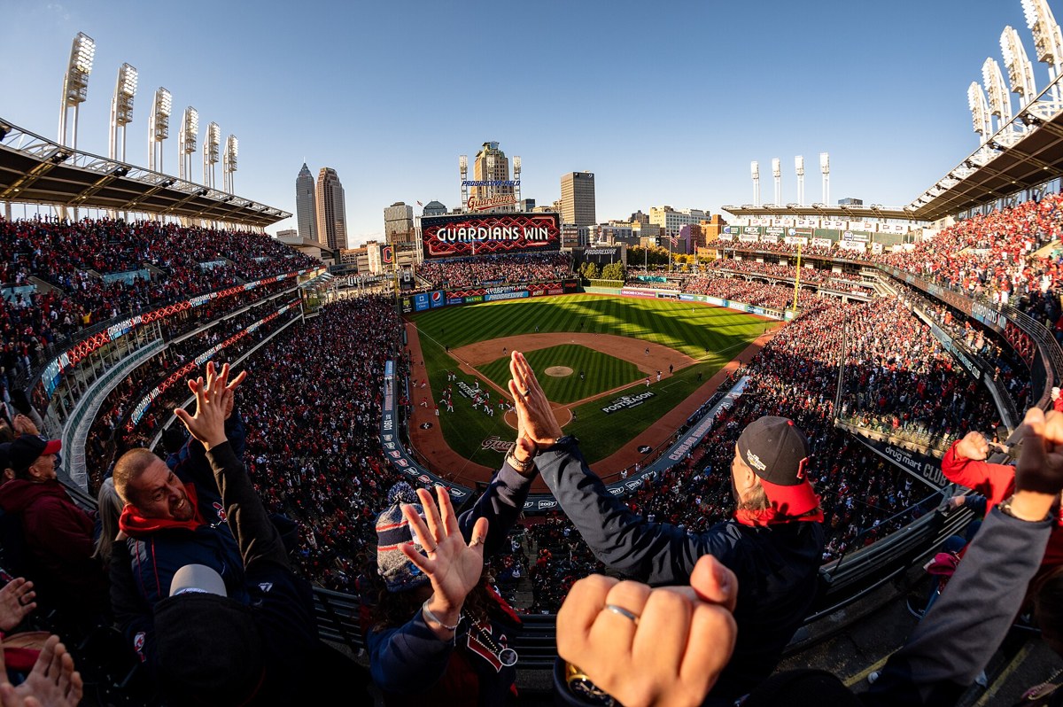 Tampa Bay playing at Cleveland during the 2022 postseason. Archival action photograph, not Saturday’s World Series game.