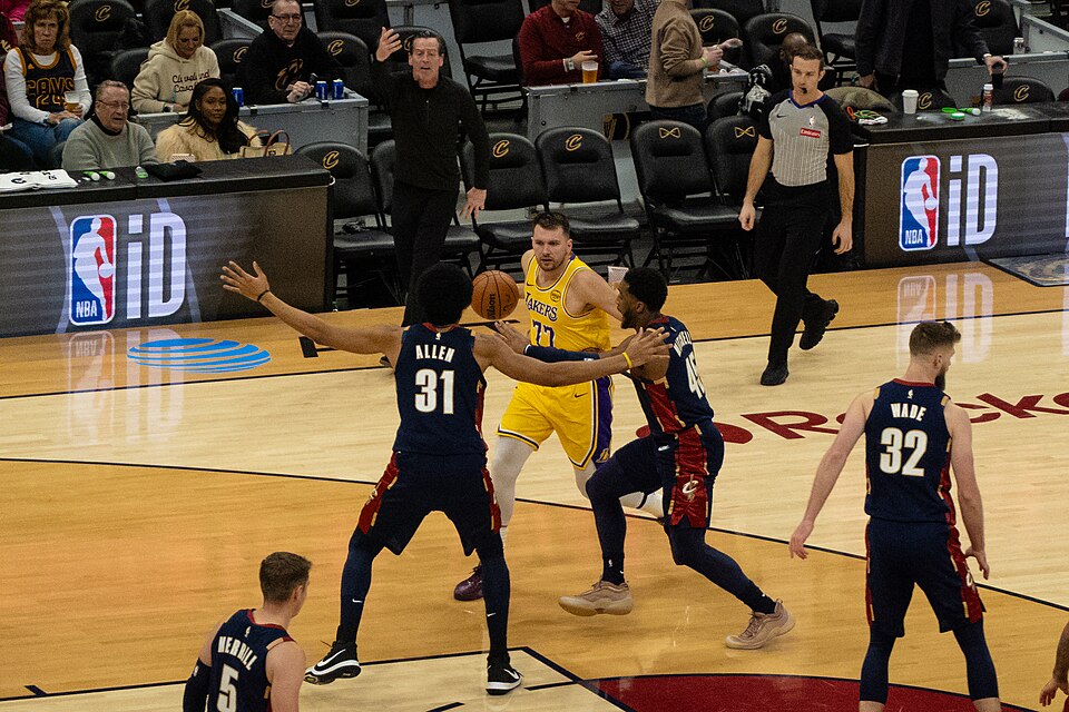 Luka Dončić with the Lakers against Cleveland in January 2026. Archival action photo, not today&rsquo;s game.
