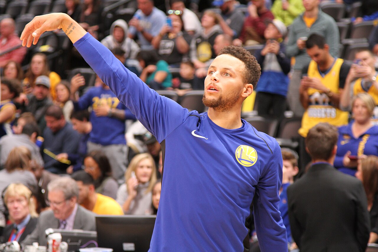 Stephen Curry warming up for Golden State at Denver in November 2017. Archival photograph, not tonight’s game.