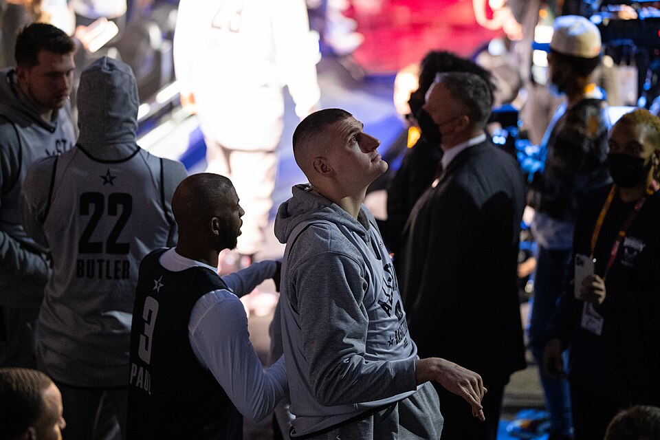 Nikola Jokić during All-Star weekend in Cleveland on February 19, 2022. Archival warmup photograph, not tonight’s Phoenix game.