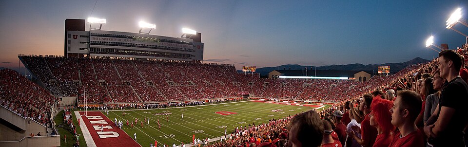 Archival Rice–Eccles Stadium view from a Utah–Utah State source photograph dated 2009. Not today’s venue: Utah visits Cincinnati for this game.