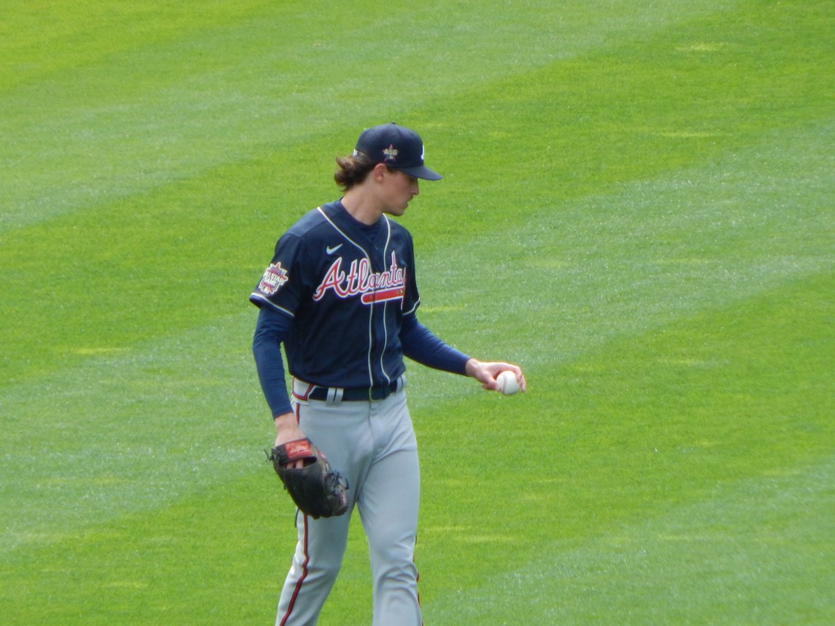 Max Fried warming up April 1, 2021, in his former Braves uniform. Archival photo; MLB lists him for the Yankees in Game 3.