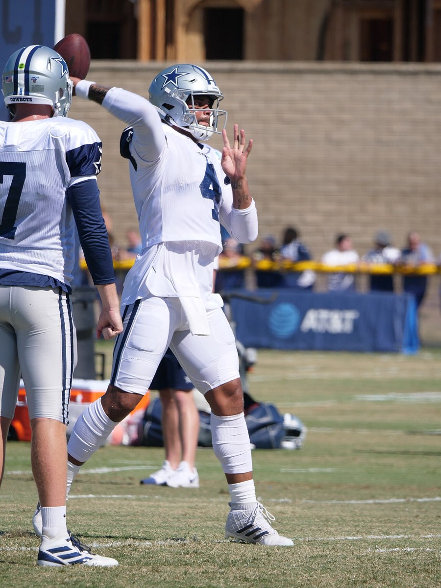 Dak Prescott throwing at Cowboys training camp on August 2, 2019. Archival practice photograph, not from this game.